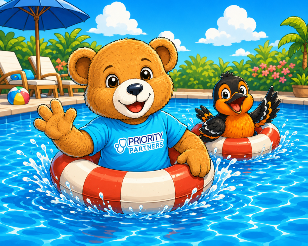Cubby bear mascot swimming in pool